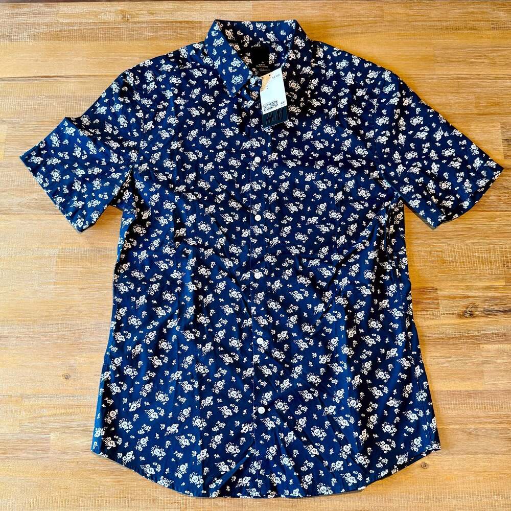 H&M Mens Short Sleeve Navy Blue Floral Slim Fit Button Down Shirt Medium